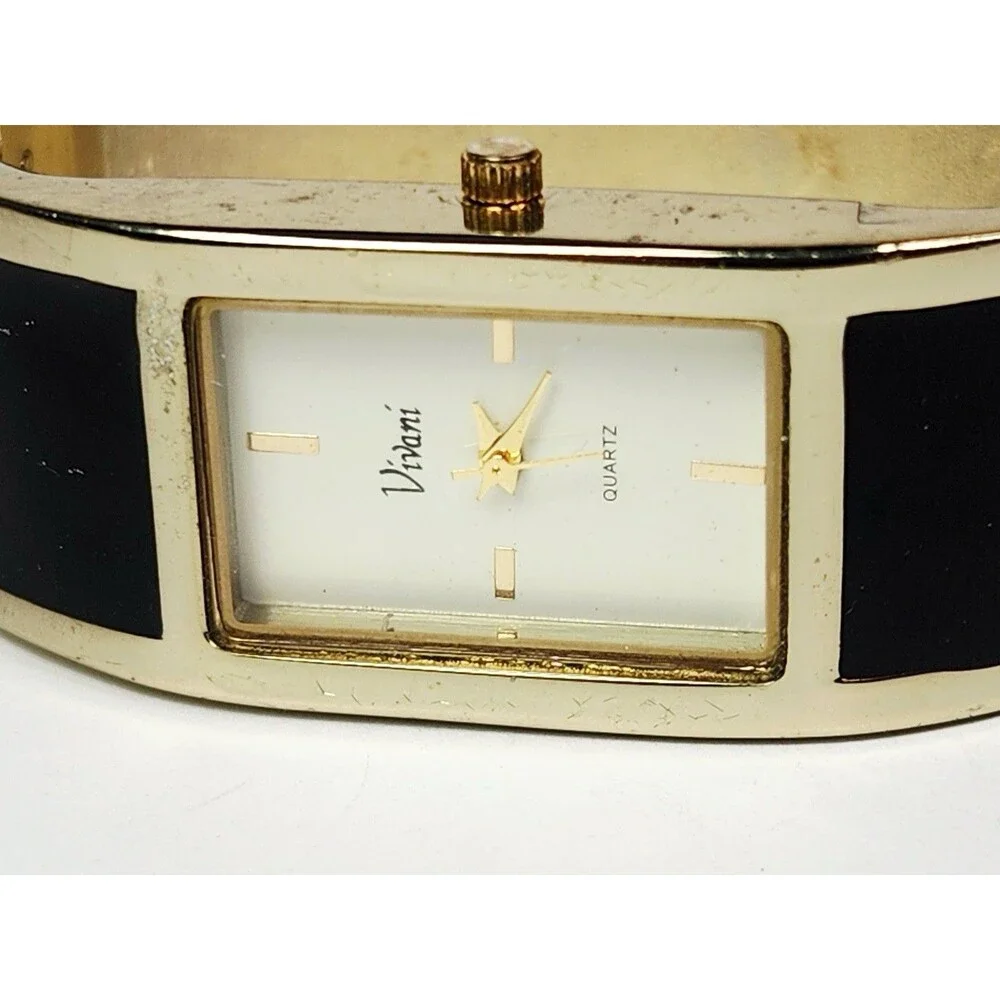 Vintage Vivani Black And Gold Tone Hinged Cuff Bracelet Watch New Battery